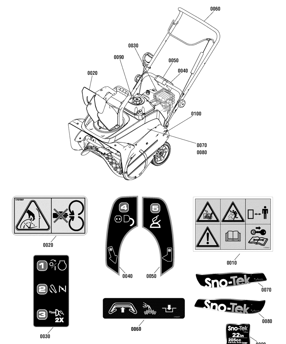 Decals Group Diagram and Parts List for 1696086-938308 2011 Briggs and Stratton Snow Blower